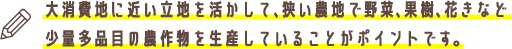 大消費地に近い立地を活かして、狭い農地で野菜、果樹、花きなど少量多品目の農作物がポイントです。